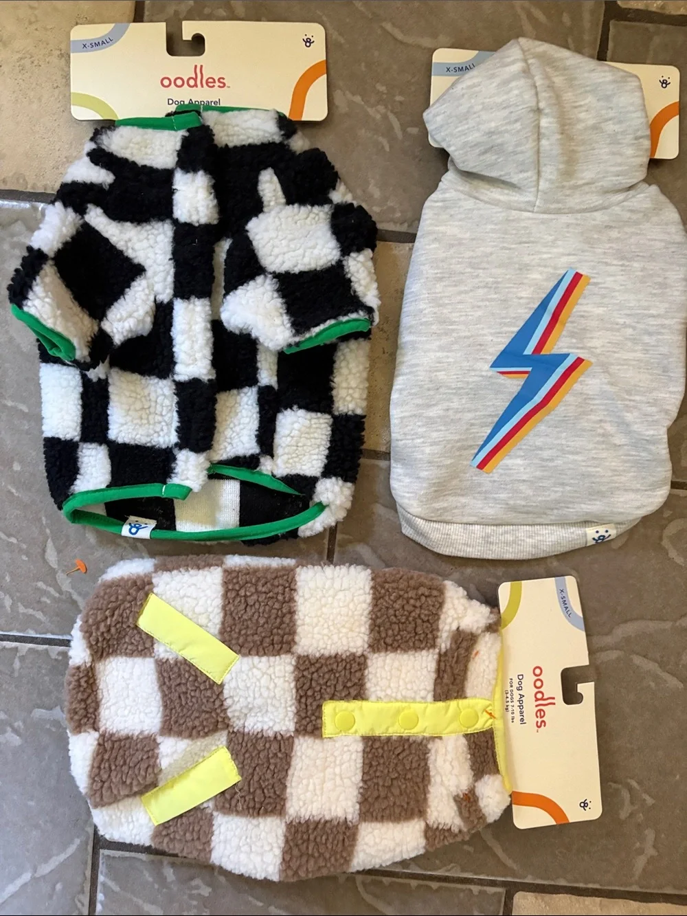 Oodles Checkered Sherpa & Lightning Hoodie Dog clothing  Apparel Set lot 3 new